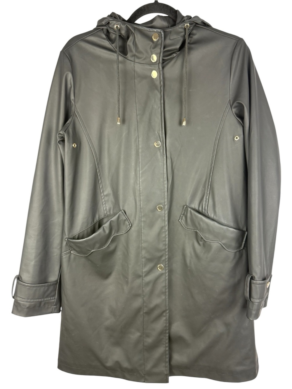 Kate Spade Black Hooded Rain Jacket Soft Pink Lining Scalloped Pockets XS